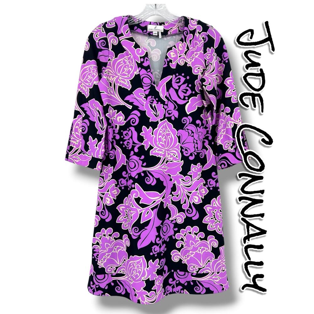 Jude Connally Megan Dress XS Purple Floral Jude Cloth V Neck 3/4 Sleeve Stretch